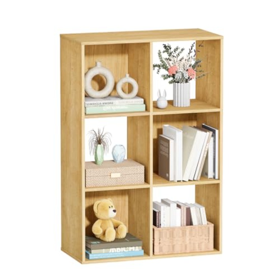 Bookcase Wood Shelf - ชั้นวางของแบบ 6 ช่อง, ชั้นวางหนังสือแบบเปิดพร้อมแผงด้านหลัง, ชั้นวางหนังสือไม้แบบตั้งพื้น