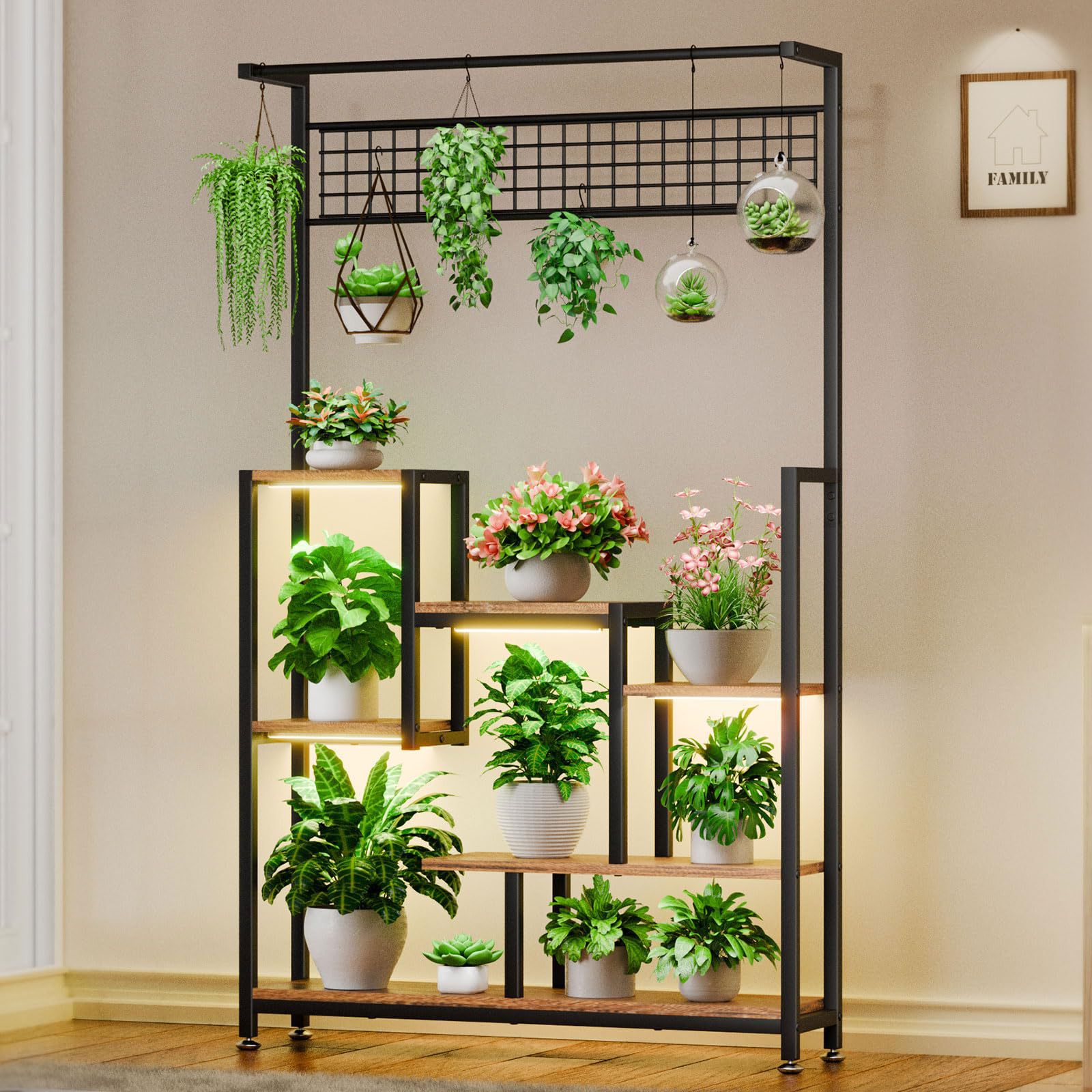 Bookcase Wood Shelf - ชั้นวางหนังสือโลหะผสมไม้สำหรับห้องนั่งเล่นสไตล์โมเดิร์น พร้อมชั้นวางของหลายชั้น ชั้นวางต้นไม้สูงสำหรับภายในอาคาร พร้อมไฟส่องสว่าง