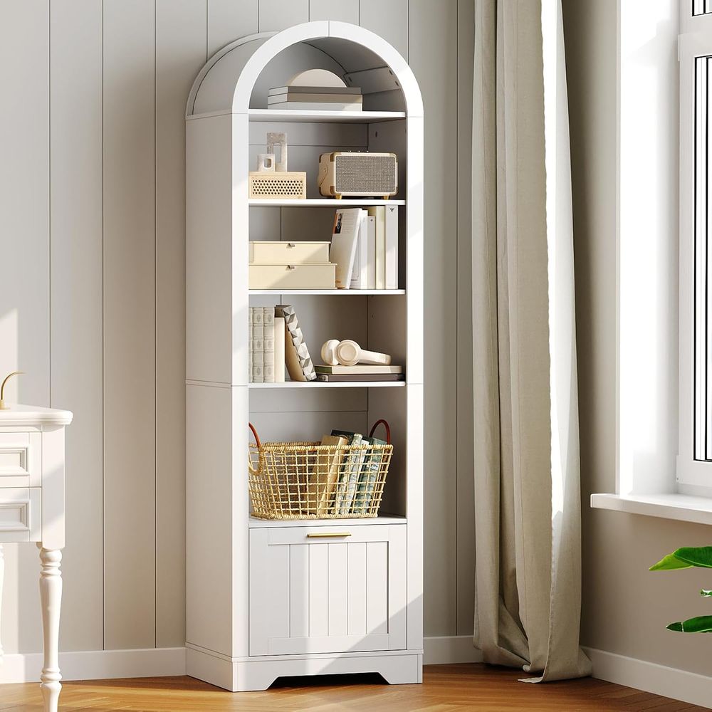 Bookcase Wood Shelf - ชั้นวางหนังสือไม้โค้ง 6 ชั้น พร้อมชั้นวางปรับระดับได้ สีขาว สำหรับห้องนั่งเล่นหรือสำนักงาน