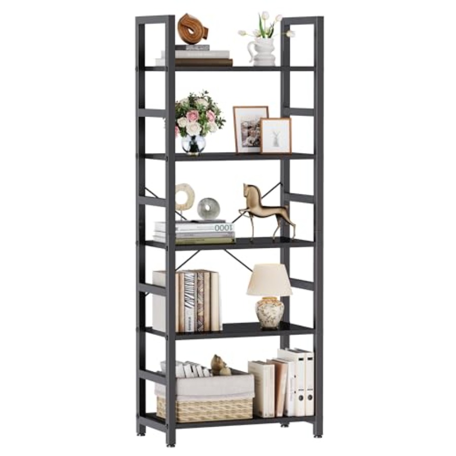 Bookcase Wood Shelf - ชั้นวางหนังสือ 5 ชั้น, ตู้หนังสือทรงสูงทันสมัย, ชั้นวางของแบบเปิดสำหรับห้องนั่งเล่น, ห้องนอน,