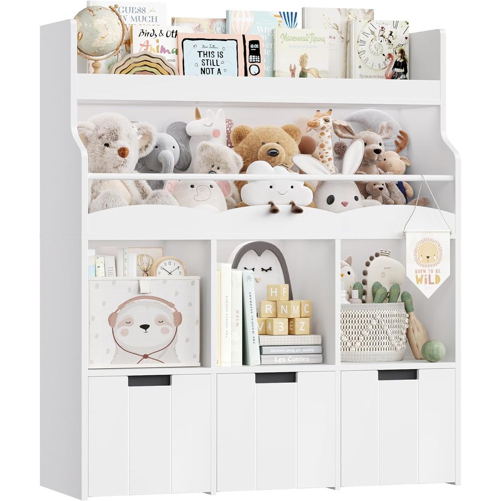 Bookcase Wood Shelf - ที่เก็บของเล่นเด็กพร้อมชั้นวางหนังสือ, ชั้นวางหนังสืออเนกประสงค์พร้อมที่เก็บของเล่นแบบเคลื่อนย้ายได้ 3 ชิ้นสำหรับห้องเด็ก, ตู้หนังสือเด็ก