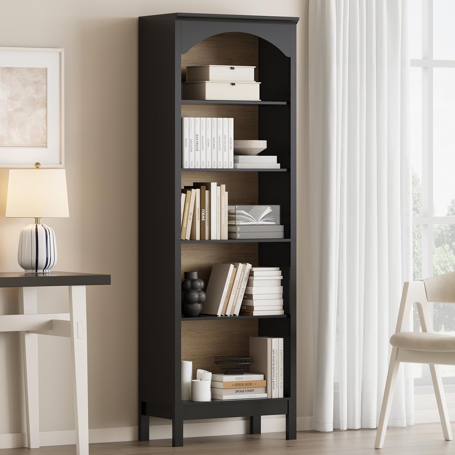Bookcase Wood Shelf - ชั้นวางหนังสือโค้ง 5 ชั้น แบบเปิด ชั้นวางหนังสือไม้สูง 71