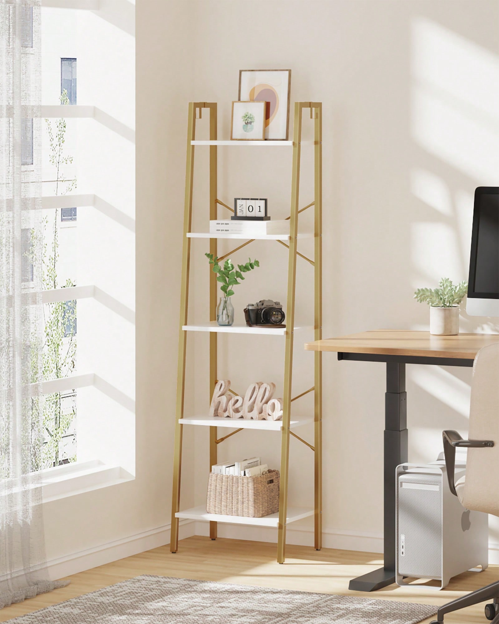 Bookcase Wood Shelf - ชั้นวางของแบบ 5 ชั้น สไตล์โมเดิร์นสีขาวทอง ชั้นวางหนังสือ ชั้นวางของไม้โครงโลหะ