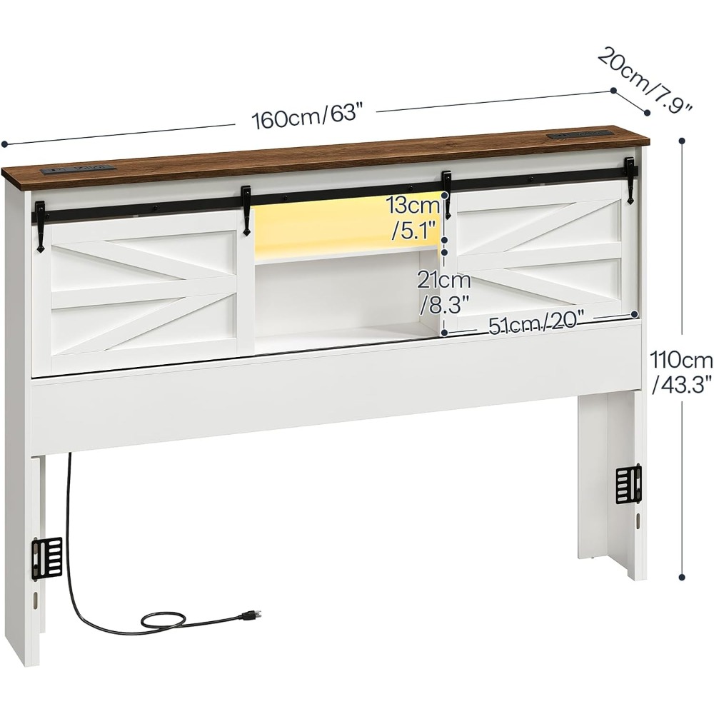 Bookcase Wood Shelf - หัวเตียงควีนไซส์พร้อมชั้นวางของ, สไตล์ฟาร์มเฮาส์, สถานีชาร์จและไฟ LED, ดีไซน์แบบตู้หนังสือ